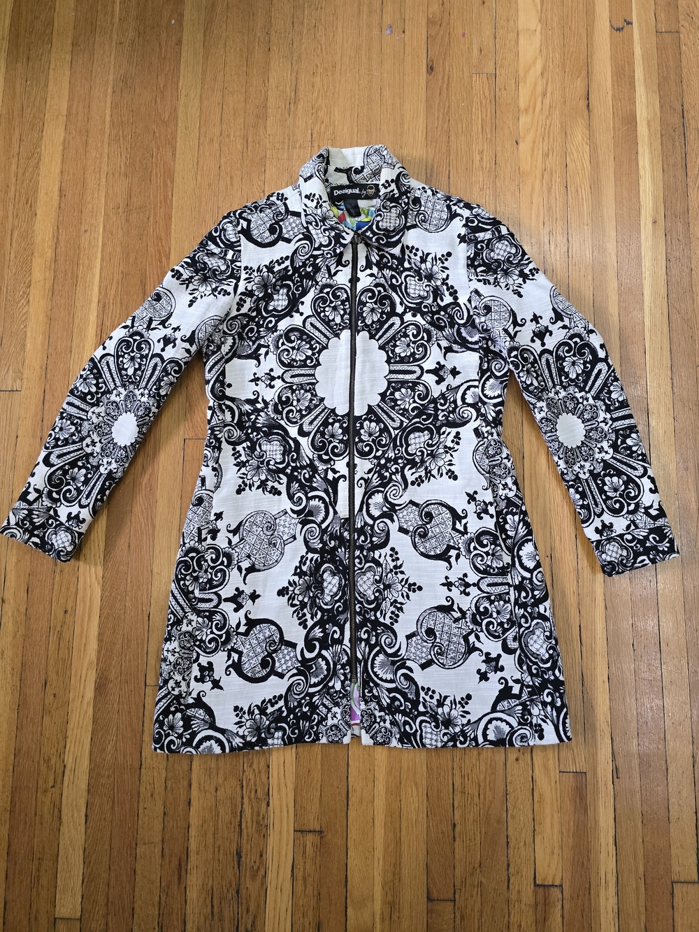 Desigual Black & White Baroque Mandala Zip Coat (Colorful Satin Lined)
